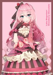 Rule 34 | 1girl, blue eyes, candy, chocolate, chocolate clothes, chocolate heart, food, food-themed hair ornament, gloves, hair ornament, hand up, heart, highres, kusunokimizuha, long hair, megurine luka, parted lips, pink hair, ribbon, solo, strawberry hair ornament, valentine, vocaloid