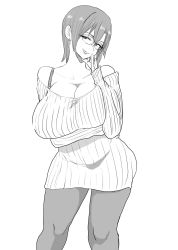 Rule 34 | 1girl, breasts, cleavage, doctor masube, dress, earrings, full body, glasses, greyscale, grin, highres, hoop earrings, huge breasts, jewelry, kujimiya kumiko&#039;s mother, mature female, monochrome, original, ornate ring, pantyhose, ring, short hair, simple background, smile, solo, sweater, sweater dress, wedding ring, white background
