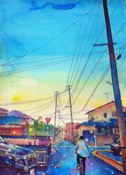 1boy absurdres acrylic_paint_(medium) bicycle blue_sky highres house jobanni landscape morning original painting_(medium) power_lines riding riding_bicycle road scenery sky street sunrise town traditional_media utility_pole