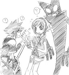 Rule 34 | 3boys, ?, belt, boku to maou, crossover, fingerless gloves, flying sweatdrops, fool-key, gloves, hairband, hood, hoodie, jewelry, keyblade, charm (object), kingdom hearts, lord stanley hihat trinidad xiv, male focus, monochrome, multiple boys, name connection, open mouth, pointing, ruka (boku to maou), shadow, short hair, sora (kingdom hearts), spiked hair, sweatdrop, sword, vest, weapon