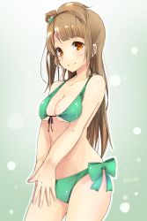 Rule 34 | 10s, 1girl, bikini, bow, breasts, brown eyes, brown hair, cleavage, cowboy shot, front-tie bikini top, front-tie top, green bikini, green bow, hair bow, highres, korezyanai, long hair, looking at viewer, love live!, love live! school idol project, medium breasts, minami kotori, one side up, outline, own hands together, side-tie bikini bottom, smile, solo, standing, swimsuit, white outline