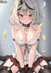 Rule 34 | 1girl, belt collar, black collar, black gloves, black hair, blouse, blush, breasts, brown thighhighs, cleavage, closed mouth, collar, commentary request, embarrassed, eyes visible through hair, garter straps, gloves, hair ornament, heart, heart necklace, highres, hololive, holox, jewelry, looking at viewer, medium hair, multicolored hair, nclife, necklace, no shoes, plaid, plaid skirt, pleated skirt, red eyes, red skirt, revision, sakamata chloe, sakamata chloe (1st costume), shirt, silver hair, skirt, skirt tug, solo, strap slip, streaked hair, thighhighs, v arms, virtual youtuber, white shirt, x hair ornament
