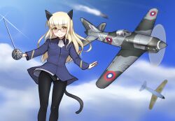 Rule 34 | 1girl, absurdres, aircraft, airplane, animal ears, black pantyhose, blonde hair, blush, breasts, cat ears, cat tail, closed mouth, collared jacket, cross, glasses, highres, jacket, long hair, looking at viewer, m1saki 1, military, military jacket, military uniform, neckerchief, panties, panties under pantyhose, pantyhose, perrine h. clostermann, rapier, sky, small breasts, smile, solo, strike witches, sword, tail, two-barred cross, underwear, uniform, weapon, white neckerchief, white panties, world witches series, yellow eyes