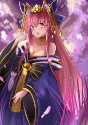 Rule 34 | 10s, absurdres, animal ears, bare shoulders, bell, blush, breasts, cleavage, collarbone, fate/extra, fate/grand order, fate (series), fox ears, fox shadow puppet, highres, hzhc, japanese clothes, large breasts, long hair, looking at viewer, looking to the side, nature, off shoulder, official alternate costume, open mouth, outdoors, pink hair, solo, tamamo (fate), tamamo no mae (fate/extra), tamamo no mae (third ascension) (fate), very long hair, yellow eyes