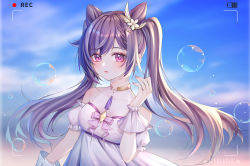 Rule 34 | 1girl, artist name, bare shoulders, blush, breasts, bubble, choker, collarbone, commentary request, cone hair bun, detached sleeves, diamond-shaped pupils, diamond (shape), dress, earrings, fingernails, framed image, genshin impact, hair bun, hand up, highres, jewelry, keqing (genshin impact), long hair, looking at viewer, medium breasts, nail polish, purple eyes, purple hair, purple nails, recording, rhode, short sleeves, solo, symbol-shaped pupils, twintails, upper body, white dress, wrist cuffs, yellow choker