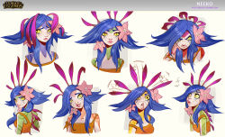 Rule 34 | 1girl, angry, concept art, expressions, flower, hair flower, hair ornament, highres, league of legends, lips, reptile girl, lizard tail, multicolored hair, neeko (league of legends), riot games, short hair, solo, surprised, tail, yellow eyes