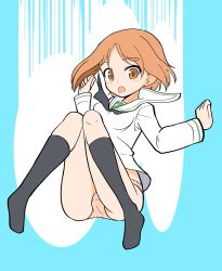 Rule 34 | 1girl, absurdres, black neckerchief, black socks, blouse, blue background, brown eyes, brown hair, commentary, crotch seam, frown, full body, girls und panzer, highres, long sleeves, looking at viewer, neckerchief, nishizumi miho, no pants, one-hour drawing challenge, ooarai school uniform, open mouth, panties, pink panties, rebirth42000, school uniform, serafuku, shirt, short hair, skindentation, socks, solo, underwear, white shirt
