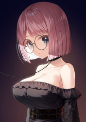 Rule 34 | 1girl, bare shoulders, black collar, black dress, blue eyes, bob cut, breasts, brown-framed eyewear, cleavage, collar, collarbone, commentary request, dress, glasses, highres, kine-c, large breasts, leash, long sleeves, looking at viewer, off-shoulder dress, off shoulder, original, parted lips, pink hair, puffy long sleeves, puffy sleeves, round eyewear, short hair, solo, upper body