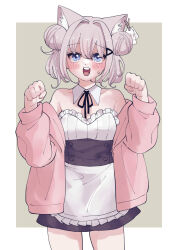 Rule 34 | 1girl, :d, alternate costume, animal ears, apron, bare shoulders, blue eyes, blush, breasts, cat ears, collarbone, detached collar, double bun, enmaided, fake animal ears, goddess of victory: nikke, grey hair, hair between eyes, hair bun, jacket, maid, mozo (mmm), n102 (nikke), off-shoulder jacket, off shoulder, official alternate costume, open mouth, paw pose, pink jacket, short hair, short twintails, small breasts, smile, solo, sweatdrop, twintails, white apron