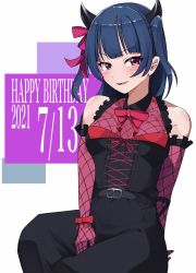 Rule 34 | 1girl, alternate hairstyle, angel of eden (love live!), artist name, artist request, bare shoulders, belt, black belt, black dress, black skirt, black wings, blue hair, blush, bow, bowtie, breasts, collarbone, collared dress, cross-laced clothes, cross-laced dress, demon horns, dress, elbow gloves, fake demon horns, female focus, gloves, hair ribbon, half-closed eyes, highres, horns, long hair, looking at viewer, love live!, love live! school idol festival, love live! school idol festival all stars, love live! sunshine!!, medium breasts, miniskirt, parted lips, pink eyes, pink gloves, plaid, plaid dress, plaid skirt, pleated, pleated dress, pleated skirt, purple eyes, red bow, red ribbon, red wings, ribbon, skirt, smile, solo, strapless, strapless dress, toriyaro ekaki, tsushima yoshiko, twintails, two side up, v-shaped eyebrows, white background, wings, wrist ribbon