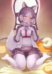 Rule 34 | 1girl, absurdres, animal ear fluff, animal ears, belt, blue eyes, blush, commentary, deku suke, dog (mixed breed) (kemono friends), dog ears, dog tail, elbow gloves, full body, fur trim, gloves, grey hair, grey shorts, head tilt, heterochromia, highres, indoors, kemono friends, pantyhose under shorts, looking at viewer, multicolored hair, no shoes, own hands together, pantyhose, pillow, short hair, shorts, sitting, smile, solo, tail, two-tone hair, wariza, white gloves, white hair, white pantyhose, window, yellow eyes