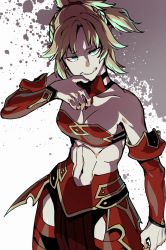 Rule 34 | 1girl, abs, armor, bare shoulders, blonde hair, braid, breasts, detached sleeves, fate/apocrypha, fate/grand order, fate (series), french braid, green eyes, highres, long hair, mordred (fate), mordred (fate/apocrypha), ponytail, small breasts, solo, takatsuki nato, thighs, wavy mouth, white background