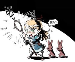 Rule 34 | 1girl, animal, belt pouch, blonde hair, blue capelet, blue robe, capelet, cheese (yongggam), chibi, crying, crying with eyes open, dungeon meshi, elf, fighting stance, gorget, green eyes, holding, holding staff, long hair, looking afar, marcille donato, open mouth, outstretched arms, pointy ears, ponytail, pouch, rabbit, robe, sandals, scene reference, staff, sweat, symmetrical pose, tears