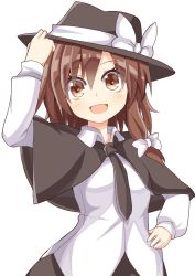 Rule 34 | 1girl, bow, brown eyes, brown hair, cape, hair bow, hand on headwear, hand on own hip, hat, hat bow, hat ribbon, keyaki chimaki, necktie, open mouth, ribbon, shirt, simple background, solo, touhou, usami renko, white background, white shirt