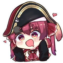 Rule 34 | 1girl, chibi, hand up, hat, heart, heart-shaped pupils, hololive, houshou marine, miaoema, open mouth, pirate, pirate costume, pirate hat, red eyes, red hair, symbol-shaped pupils, virtual youtuber
