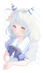 Rule 34 | 1girl, animal ears, blue bow, blue shirt, bow, breasts, brown eyes, commentary request, cropped torso, diagonal stripes, grey hair, highres, hishi miracle (umamusume), horse ears, looking at viewer, medium breasts, open mouth, puffy short sleeves, puffy sleeves, roido (taniko-t-1218), shirt, short sleeves, simple background, solo, steepled fingers, striped, striped background, twitter username, umamusume, upper body, wavy mouth, white background