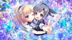 2girls :d ahoge alternate_hairstyle aunt_and_niece black_vest blonde_hair blue_bow blue_butterfly blue_eyes blue_flower blue_rose blue_skirt blue_wristband bow breasts bug butterfly closed_mouth dot_nose film_grain flower from_above game_cg grey_hair hair_ornament high_ponytail hug insect itsumura_haruka itsumura_yukari izumi_tsubasu lens_flare looking_at_viewer medium_breasts multiple_girls mutual_hug non-web_source official_art one_eye_closed open_mouth purple_flower re:stage! rose skirt sleeve_bow smile sparkle striped_bow striped_wristband v vest white_bow