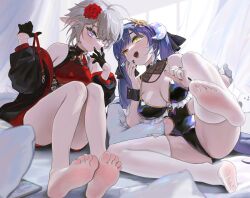 Rule 34 | 2girls, absurdres, artist request, barefoot, black gloves, black jacket, black leotard, black nails, black wrist cuffs, breasts, commission, feet, flower, foot up, gloves, grey hair, hair flower, hair ornament, heterochromia, highres, horns, jacket, large breasts, leotard, long hair, looking at viewer, multiple girls, no shoes, open mouth, original, pointy ears, purple eyes, purple hair, red eyes, red flower, red rose, rose, ruthenium77&#039;s character, second-party source, short hair, sitting, small breasts, soles, thighhighs, twintails, upper body, white thighhighs, wrist cuffs, yellow eyes