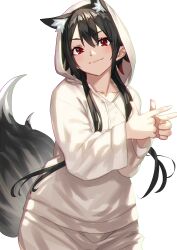 Rule 34 | 1girl, absurdres, animal ear fluff, animal ears, black hair, closed mouth, cowboy shot, extra ears, fox ears, fox girl, fox tail, highres, hood, hood up, hoodie, long sleeves, looking at viewer, nakanishi tatsuya, original, pointing, pointing to the side, red eyes, short hair with long locks, sidelocks, simple background, smile, solo, tail, white background, white hoodie