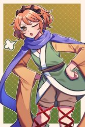 Rule 34 | 1jumangoku, 1other, androgynous, belt, blue scarf, brown belt, brown hairband, brown shorts, commentary request, cowboy shot, green kimono, hairband, hands on own hips, highres, huffing, japanese clothes, kimono, leg ribbon, len&#039;en, one eye closed, open mouth, orange eyes, orange hair, orange sleeves, other focus, red eyes, ribbon, scarf, shorts, solo, wide sleeves, zuifeng tenkai