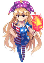 Rule 34 | &gt;:(, 1girl, american flag dress, american flag legwear, blonde hair, clownpiece, collarbone, commentary request, e.o., full body, hand on own hip, hat, highres, holding, jester cap, long hair, looking at viewer, neck ruff, no shoes, pantyhose, red eyes, short sleeves, simple background, solo, striped clothes, striped pantyhose, torch, touhou, v-shaped eyebrows, very long hair, white background