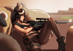 Rule 34 | 1girl, animal ears, bikini, black hair, borrowed character, breasts, brown hair, cosplay, front-tie bikini top, front-tie top, glowing, glowing eyes, gun, highres, horns, john doe (jdart), md5 mismatch, metal gear (series), metal gear solid v, metal gear solid v: the phantom pain, original, pantyhose, pantyhose under swimsuit, ponytail, quiet (metal gear), quiet (metal gear) (cosplay), reclining, red eyes, resized, resolution mismatch, rifle, sheep, sniper rifle, solo, source smaller, suspenders, swimsuit, thigh strap, torn clothes, torn legwear, upscaled, weapon