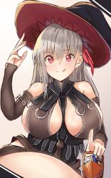 Rule 34 | 10s, 1girl, adapted costume, bare shoulders, breasts, cleavage, commentary request, dark sakura, elbow gloves, fate/stay night, fate (series), gloves, granblue fantasy, hair ribbon, halloween, hat, heart, heart-shaped pupils, highres, holding, i.f.s.f, large breasts, long hair, magisa (granblue fantasy), matou sakura, red eyes, ribbon, silver hair, simple background, sitting, solo, symbol-shaped pupils, tongue, tongue out, twitter username, witch hat