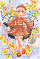 Rule 34 | 1girl, animal ears, bass clef, beamed eighth notes, beamed sixteenth notes, bird ears, bird wings, blush, brown dress, brown headwear, dress, eighth note, eighth rest, fingernails, flower, frilled sleeves, frills, full body, green nails, hair between eyes, holding, holding microphone, lakestep55, long fingernails, long sleeves, microphone, musical note, mystia lorelei, nail polish, natural sign, open mouth, pink eyes, pink hair, pink thighhighs, purple flower, quarter note, quarter rest, red footwear, sharp fingernails, shoes, short hair, smile, solo, thighhighs, touhou, treble clef, white wings, wide sleeves, winged hat, wings, yellow flower