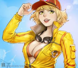 Rule 34 | 10s, 1girl, aurahack, bikini, bikini top only, blonde hair, breasts, cidney aurum, cleavage, final fantasy, final fantasy xv, goggles, goggles around neck, hat, hat tip, jacket, large breasts, lens flare, lips, open mouth, partially unzipped, signature, smile, solo, swimsuit, upper body, utility pole, watermark, web address, yellow eyes