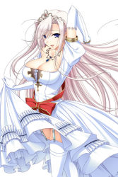 Rule 34 | 1girl, blue eyes, breasts, charlotte hazellink, cleavage, clothes lift, dress, dress lift, earrings, elbow gloves, female focus, garter belt, gloves, jewelry, komori kei, large breasts, long hair, looking at viewer, lowres, necklace, pink hair, princess lover, simple background, solo, thighhighs, tiara, white background, white thighhighs