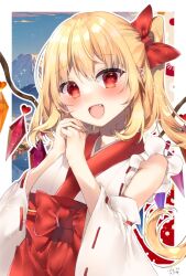 Rule 34 | 1girl, blush, chisiro unya (unya draw), fang, flandre scarlet, japanese clothes, long hair, miko, open mouth, own hands together, ponytail, red eyes, red ribbon, ribbon, solo, touhou, upper body