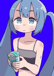 Rule 34 | 1girl, blue background, blue eyes, blue hair, body markings, camisole, cup ramen, food, hatsune miku, highres, holding, holding food, icon 315, instant ramen, long hair, simple background, solo, spaghetti strap, twintails, upper body, vocaloid