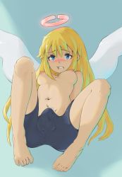 Rule 34 | angel, angel wings, arms behind back, bad id, bad pixiv id, bare shoulders, barefoot, belly, blonde hair, blue eyes, blush, breasts, bulge, commission, crimvael, cum, cum in clothes, cum through clothes, cumdrip, erection, erection under clothes, feet, futanari, highres, ishuzoku reviewers, knees up, long hair, looking at viewer, m legs, navel, penis, self-upload, shorts, small breasts, spread legs, urumi (urumi00), wings