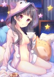 Rule 34 | 1girl, absurdres, bed sheet, blush, bottomless, breasts, cleavage, coat, commentary request, constellation, cookie, cup, fingernails, food, fur-trimmed jacket, fur-trimmed sleeves, fur trim, gemini (constellation), groin, hair censor, hair over breasts, head tilt, highres, holding, holding cup, hood, hood up, hooded jacket, horned hood, horns, jacket, long sleeves, looking at viewer, medium breasts, naked coat, original, parted lips, picture frame, pillow, pink eyes, pink jacket, plate, sitting, sleeves past wrists, solo, star (symbol), striped, taurus (constellation), teacup, torokeru none, vertical stripes, yokozuwari