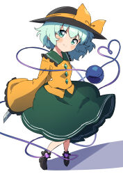 Rule 34 | 1girl, absurdres, black hat, bow, closed mouth, frilled shirt collar, frills, full body, green eyes, green hair, green skirt, hat, hat bow, heart, heart of string, highres, holding, holding knife, knife, komeiji koishi, looking at viewer, miz (mizillustration), shirt, short hair, simple background, skirt, smile, solo, standing, third eye, touhou, white background, yellow bow, yellow shirt