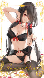 Rule 34 | 1girl, black hair, black thighhighs, breasts, character name, cleavage, closed mouth, commentary, date a live, english commentary, garter belt, hair over one eye, heterochromia, highres, large breasts, lingerie, long hair, looking at viewer, low twintails, medium breasts, navel, red eyes, shizuko hideyoshi, sitting, skindentation, solo, stomach, thighhighs, tokisaki kurumi, twintails, underwear, yellow eyes