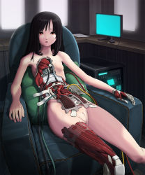 Rule 34 | 1girl, android, black hair, computer, couch, highres, long hair, looking at viewer, mechanical parts, original, pussy, red eyes, solo, sukabu