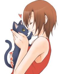 Rule 34 | 1girl, brown hair, cat, kurota, lowres, meiko (vocaloid), nail polish, red nails, short hair, simple background, smile, solo, vocaloid