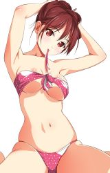 Rule 34 | 1girl, adjusting hair, armpits, arms up, bandeau, bare arms, bare shoulders, bikini, blush, breasts, brown eyes, brown hair, cleavage, front-tie bikini top, front-tie top, hair between eyes, highres, looking at viewer, matsunaga kouyou, mouth hold, navel, original, pink bikini, ribbon, simple background, sitting, solo, swimsuit, underboob, wariza, white background