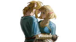 Rule 34 | 1boy, 1girl, blonde hair, blue eyes, braid, breasts, couple, earrings, elf, fingerless gloves, gloves, green eyes, hair ornament, hairclip, holding, imminent kiss, jewelry, link, long hair, nintendo, niteo07, open mouth, pointy ears, ponytail, princess zelda, short hair, simple background, the legend of zelda, the legend of zelda: breath of the wild, the legend of zelda: tears of the kingdom, tunic, white background