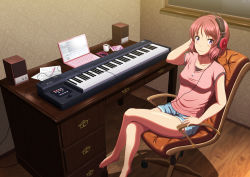 Rule 34 | 10s, 1girl, bare legs, barefoot, casual, computer, crossed legs, cup, desk, drawer, hand on headphones, headphones, instrument, keyboard (instrument), laptop, legs, legs together, looking at viewer, love live!, love live! school idol festival, love live! school idol project, moyashi (moyashi9), mug, nishikino maki, purple eyes, red hair, shiny skin, shirt, short hair, shorts, sitting, smile, solo, speaker, taut clothes, taut shirt