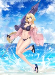 Rule 34 | 1girl, artist name, beach, bikini, black bow, blonde hair, blue bikini, blue eyes, blue sky, blush, bow, braid, breasts, cleavage, closed mouth, cloud, cloudy sky, collarbone, day, fate/grand order, fate (series), front-tie bikini top, front-tie top, full body, hair bow, highres, hood, hoodie, jeanne d&#039;arc (fate), jeanne d&#039;arc (ruler) (fate), jeanne d&#039;arc (white cruising) (fate), large breasts, long hair, looking at viewer, mhg (hellma), navel, ocean, open clothes, open hoodie, outdoors, revision, side-tie bikini bottom, sidelocks, signature, single braid, sky, slippers, smile, solo, swimsuit, tareme, thighs, very long hair
