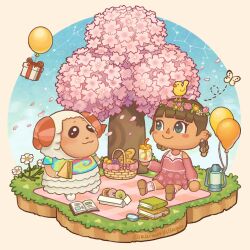 Rule 34 | 1boy, 1girl, :3, animal, animal crossing, animal on head, aqua eyes, artist name, baguette, balloon, basket, bird, bird on head, black eyes, blanket, blue sky, blunt bangs, blush, blush stickers, book, book stack, bookmark, border, box, braid, braided hair rings, bread, brown hair, bug, butterfly, cherry blossoms, circular border, closed mouth, cloud, commentary, constellation, crescent, crescent earrings, cup, curled horns, detached sleeves, dom (animal crossing), doughnut, dress, drink, drinking straw, ear piercing, earrings, english commentary, eyelashes, falling petals, floral print, flower, flower wreath, food, fruit, furry, furry male, gift, gift box, grapes, grass, hand up, head wreath, highres, holding, holding cup, holding drink, holding food, horns, insect, jewelry, kerosene lamp, kurain villager, lime (fruit), lime slice, long sleeves, looking at another, magnifying glass, multicolored shirt, nintendo, on head, open book, ophiuchus (constellation), pastry box, petals, picnic, picnic basket, piercing, pink border, pink dress, pink flower, pink footwear, pink horns, pink sleeves, print dress, print socks, sandwich, sheep boy, shirt, shoes, short sleeves, sky, sleeveless, sleeveless dress, smile, socks, star (symbol), star earrings, t-shirt, taurus (constellation), tie-dye, tree, twin braids, twitter username, villager (animal crossing), white butterfly, white flower, white socks, yellow flower