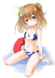 Rule 34 | 1girl, absurdres, abyssal ship, adapted costume, bikini, double bun, enemy lifebuoy (kancolle), hair bun, head tilt, highres, kantai collection, light brown hair, looking at viewer, michishio (kancolle), one-hour drawing challenge, scrunchie, short hair, short twintails, simple background, swimsuit, taisinkoku, twintails, two-tone bikini, white background, white scrunchie, wrist scrunchie, yellow eyes