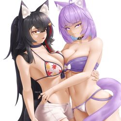 Rule 34 | 2girls, :3, absurdres, animal ear fluff, animal ears, belly-to-belly, bikini, black hair, breasts, breasts squeezed together, cat ears, cat girl, cat tail, cleavage, collar, fluffy, hair ornament, hairpin, highres, hololive, hug, large breasts, leaf print, long hair, looking at viewer, maple leaf print, multicolored hair, multiple girls, nekomata okayu, ookami mio, ookami mio (hololive summer 2019), open mouth, orange eyes, ponytail, purple eyes, purple hair, purple tail, raised eyebrow, red hair, shorts, stomach, swimsuit, tail, takie arts, very long hair, virtual youtuber, white background, white shorts, wolf ears, wolf girl, wolf tail