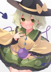 Rule 34 | 1girl, black hat, blouse, blush, bow, buttons, commentary, diamond button, floral print, frilled shirt collar, frilled skirt, frilled sleeves, frills, full body, green eyes, green skirt, hair between eyes, hand on own chest, hand up, hat, hat bow, highres, kanpa (campagne 9), kneeling, komeiji koishi, light green hair, long sleeves, looking at viewer, rose print, shirt, short hair, simple background, skirt, smile, solo, teeth, third eye, touhou, white background, wide sleeves, yellow bow, yellow shirt, ||/