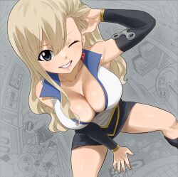 Rule 34 | 1girl, blonde hair, blue eyes, breasts, cleavage, colorized, detached sleeves, eden&#039;s zero, gaston18, highres, large breasts, long hair, looking at viewer, mashima hiro, one eye closed, rebecca bluegarden, skirt, smile, solo