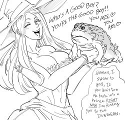 Rule 34 | 1girl, :d, bad id, bb (baalbuddy), breasts, cleavage, closed eyes, commentary, detached sleeves, dragon&#039;s crown, english commentary, english text, female focus, frog, greyscale, hat, highres, holding, inactive account, large breasts, long hair, monochrome, navel, open mouth, parted bangs, smile, solo, sorceress (dragon&#039;s crown), standing, unamused, witch hat