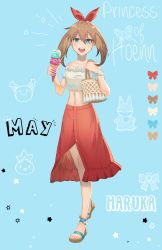 Rule 34 | 1girl, :d, absurdres, ak1, bare shoulders, blue background, blue eyes, bracelet, brown hair, bug, butterfly, character name, collarbone, creatures (company), crop top, english text, food, front slit, full body, game freak, gen 3 pokemon, gen 4 pokemon, hair between eyes, hairband, highres, holding, holding food, ice cream, insect, jewelry, long hair, looking at viewer, may (pokemon), medium skirt, midriff, munchlax, navel, nintendo, open mouth, pokemon, pokemon (anime), pokemon (creature), pokemon rse, pokemon rse (anime), red hairband, red skirt, skirt, skitty, smile, solo, stomach, torchic