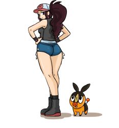 Rule 34 | 10s, 1girl, baseball cap, blue eyes, boongar, boots, brown hair, creatures (company), game freak, gen 5 pokemon, hat, hilda (pokemon), nintendo, pokemon, pokemon (creature), pokemon bw, ponytail, tepig, wristband